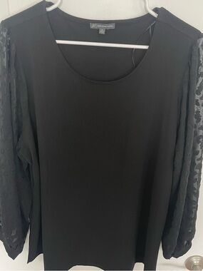 Adrianna Papell Black Blouse with Sheer Patterned Sleeves